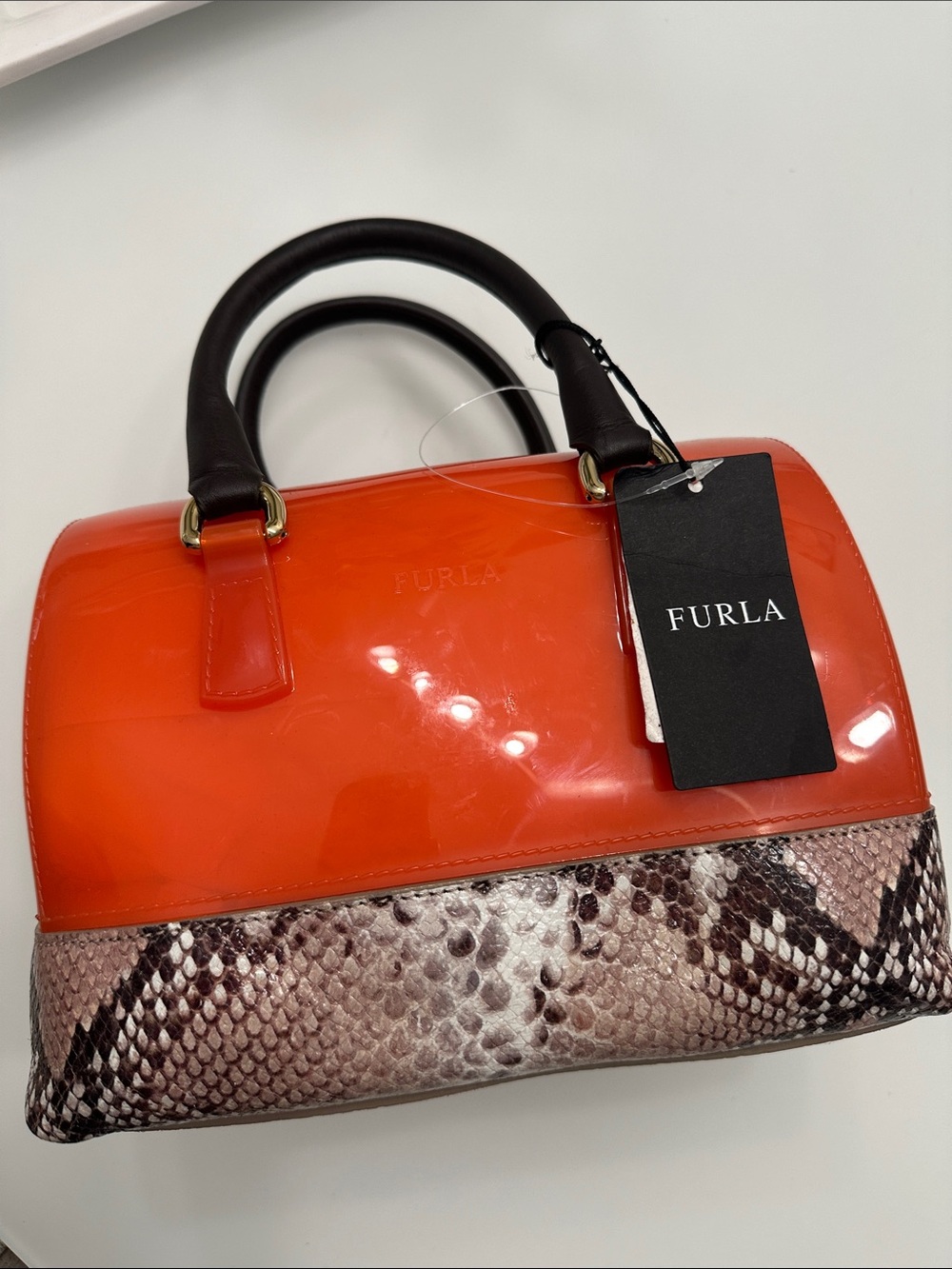 Furla Orange Patent Mini Dome Satchel with Black Handles and Snakeskin Trim
